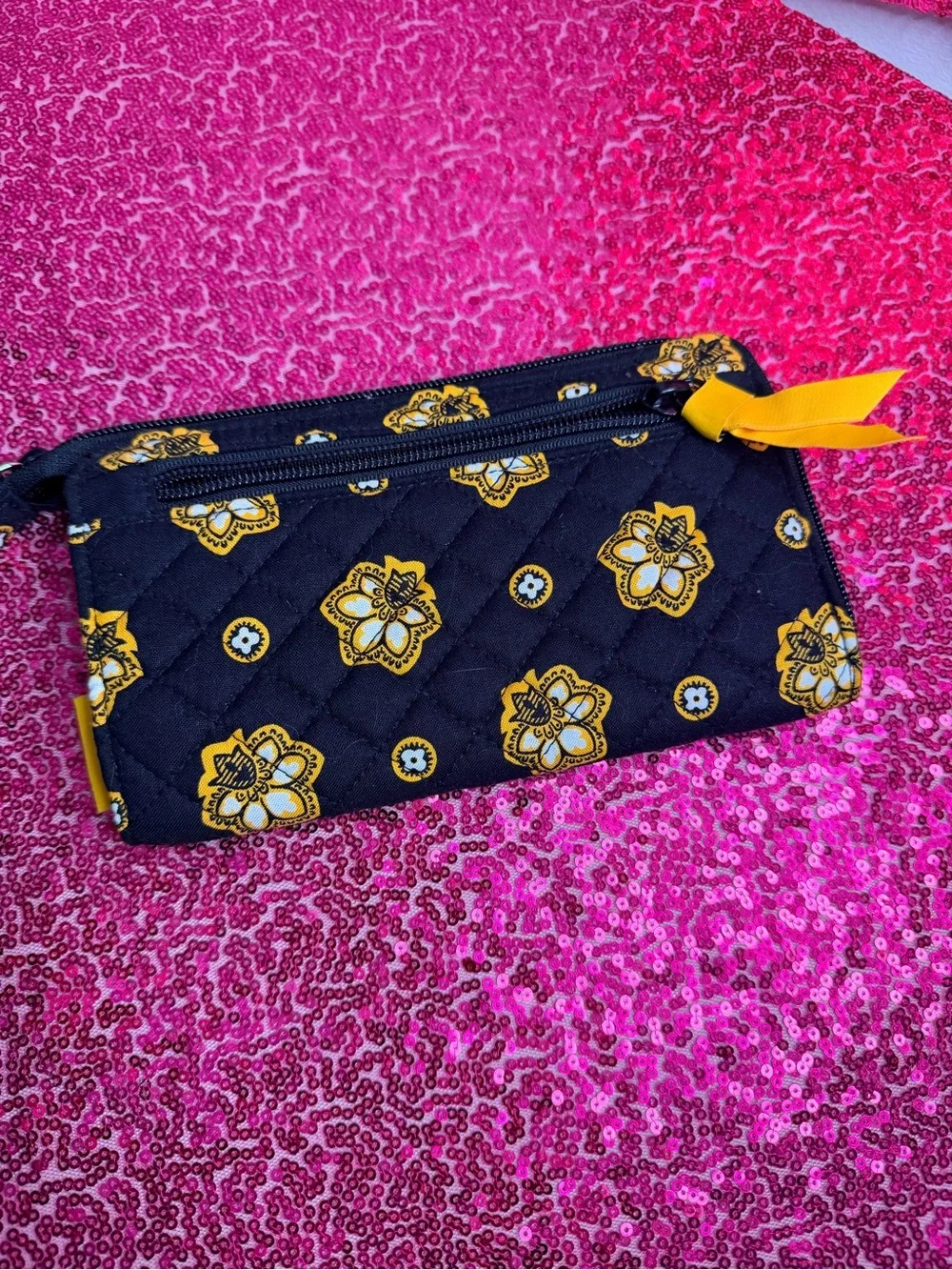 Vera Bradley Black Quilted Wristlet with Yellow Floral Steelers